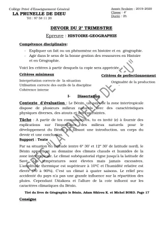 Première page de Histoire-Géographie 4e, 4e ML — Devoir surveillé, 2e trimestre (2019-2020) · CEPG La Prunelle de Dieu