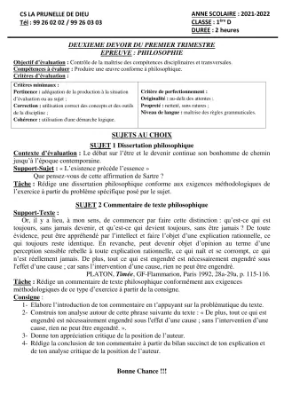 Première page de Philosophie 1ère B, 1ère D — 2e devoir surveillé, 1er trimestre (2021-2022) · CEPG La Prunelle de Dieu