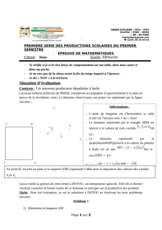 Première page de Mathématiques 3e — 1re production scolaire, 1er semestre (2023-2024) · CEG1 Pobè