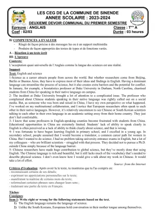 Première page de Anglais Tle A2 — 2e devoir surveillé, 1er semestre (2023-2024) · CEG SEKERE