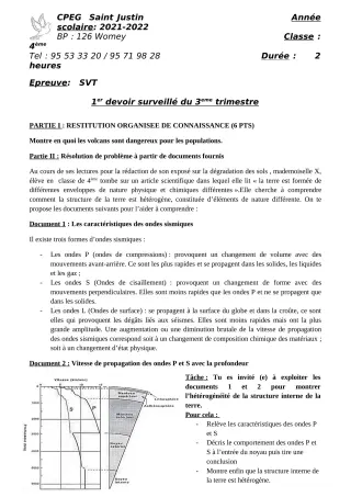 Première page de SVT 4e — 1er devoir surveillé, 3e trimestre (2021-2022) · CPEG SAINT Justin