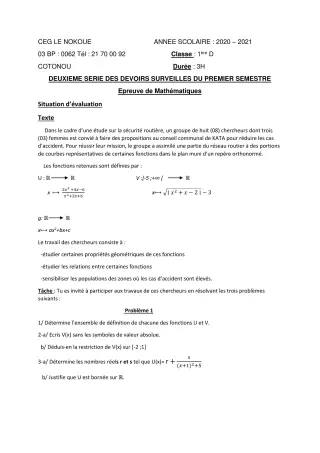 Première page de Mathématiques 1ère D — 2e devoir surveillé, 1er semestre (2020-2021) · CEG LE NOKOUE