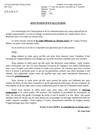 Première page de Français 4e — 1er devoir surveillé, 2e semestre (2018-2019) · Lycée Houegbadja d'Abomey (Ex Mafory Bangoura)