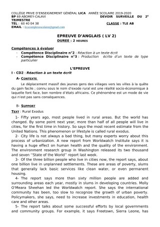 Première page de Anglais Tle A2, Tle B — 1er devoir surveillé (2019-2020) · CPEG LICA