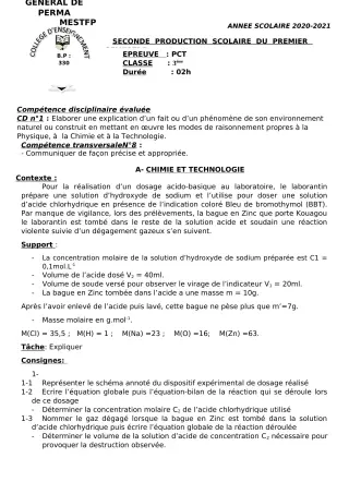Première page de PCT 6e, 5e, 4e, 3e, 3e ML, 2nde A, 2nde D, 1ère A2, 1ère D, Tle A, Tle D — 2e production scolaire, 1er semestre (2020-2021) · CEG Perma