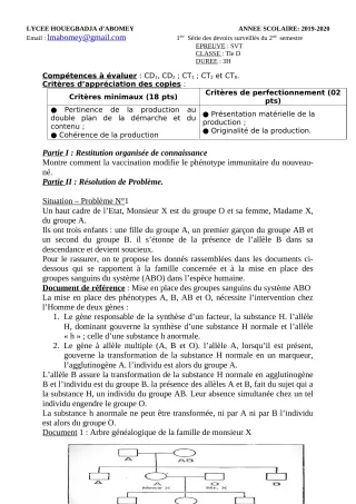 Première page de SVT 2nde A & B, 2nde D, 1ère A & B, 1ère D, Tle A & B, Tle D — Devoir surveillé, 2e semestre (2019-2020) · Lycée Houegbadja d'Abomey (Ex Mafory Bangoura)