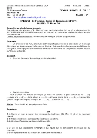 Première page de PCT 6e — Devoir surveillé, 1er trimestre (2019-2020) · CPEG LICA