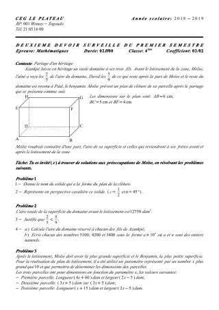 Première page de Mathématiques 4e ML — 2e devoir surveillé, 1er semestre (2018-2019) · CEG Le Plateau