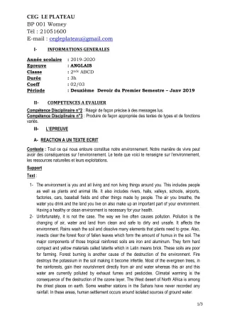 Première page de Anglais 2nde A & B, 2nde C, 2nde D — 2e devoir surveillé, 1er semestre (2019-2020) · CEG Le Plateau
