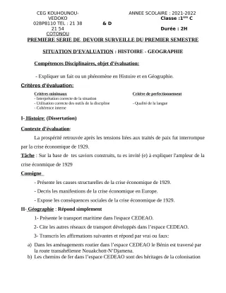 Première page de Histoire-Géographie 1ère C, 1ère D — 1er devoir surveillé, 1er semestre (2021-2022) · CEG Kouhounou-Vêdoko