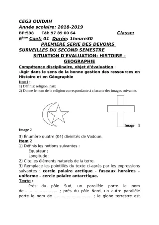 Première page de Histoire-Géographie 6e — 1er devoir surveillé, 2e semestre (2018-2019) · CEG3 OUIDAH