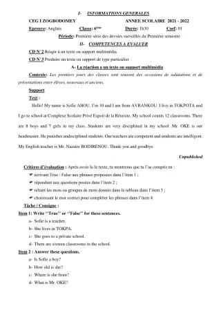 Première page de Anglais 6e, 5e, 4e, 4e ML, 3e, 3e ML, 2nde A1, 2nde A2, 2nde B, 2nde C, 2nde D, 1ère A1, 1ère A2, 1ère B, 1ère C, 1ère D, Tle A1, Tle A2, Tle B, Tle C, Tle D — 1er devoir surveillé, 1er semestre (2021