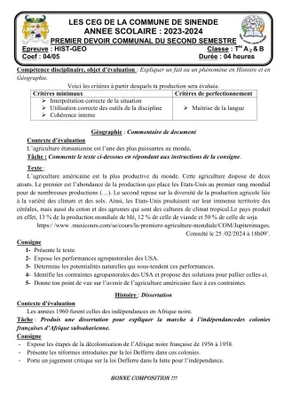 Première page de Histoire-Géographie Tle A2 — Composition, 2e semestre (2023-2024) · CEG SEKERE