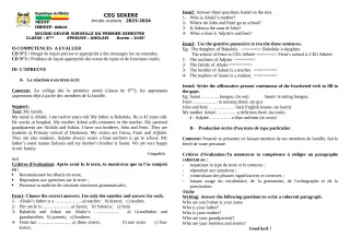 Première page de Anglais 6e — 2e devoir surveillé, 1er semestre (2023-2024) · CEG SEKERE