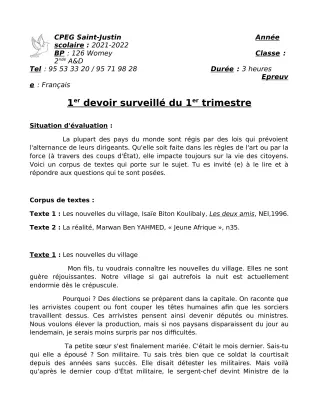 Première page de Anglais 2nde A2, 2nde B, 2nde C, 2nde D — 1er devoir surveillé, 1er trimestre (2021-2022) · CPEG SAINT Justin