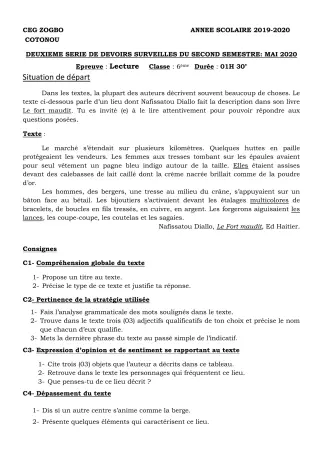 Première page de Français 6e — 2e devoir surveillé, 2e semestre (2019-2020) · CEG ZOGBO
