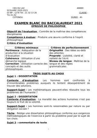 Première page de Examen Blanc de PHILO — Tle A2 — CEG du Lac (2020)