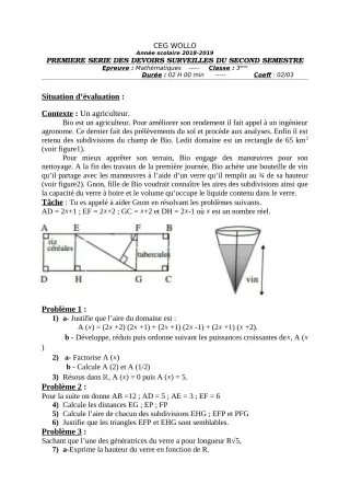 Première page de Mathématiques 6e, 5e, 4e, 4e ML, 3e, 3e ML — 1er devoir surveillé, 2e semestre (2018-2019) · CEG WOLLO
