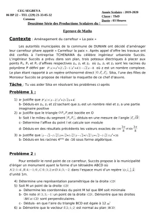 Première page de Mathématiques Tle D — 2e production scolaire, 1er semestre (2019-2020) · CEG SEGBEYA