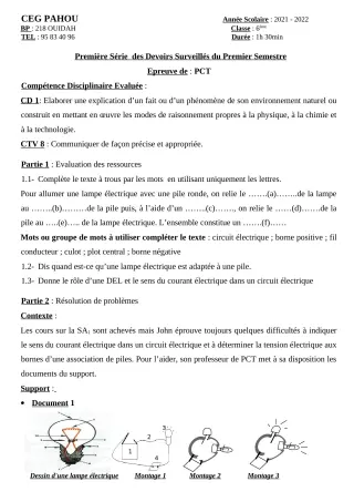 Première page de PCT 6e — 1er devoir surveillé, 1er semestre (2021-2022) · CEG PAHOU