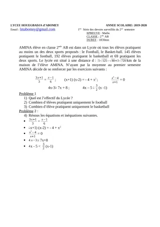 Première page de Mathématiques 2nde A & B, 2nde D, 1ère B, Tle A & B — Devoir surveillé, 2e semestre (2019-2020) · Lycée Houegbadja d'Abomey (Ex Mafory Bangoura)