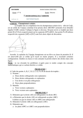 Première page de Mathématiques 1ère D — Devoir surveillé, 1er semestre (2020-2021) · CEG SEKERE