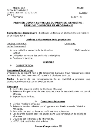 Première page de Histoire-Géographie 2nde C, 2nde D — 1er devoir surveillé, 1er semestre (2019-2020) · CEG du Lac
