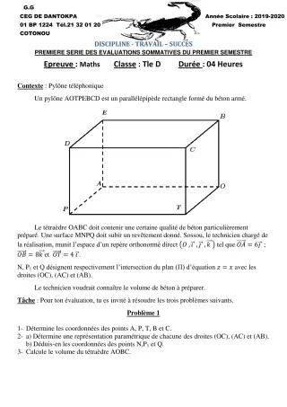 Première page de Mathématiques Tle D — 1re évaluation sommative, 1er semestre (2019-2020) · CEG Dantokpa