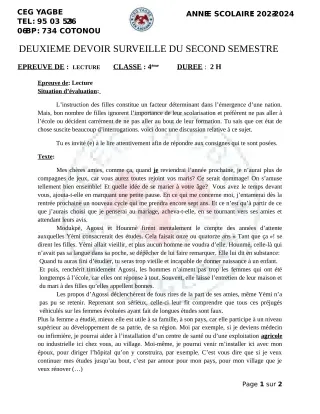 Première page de Français 4e — 2e devoir surveillé, 2e semestre (2023-2024) · CEG Yagbe