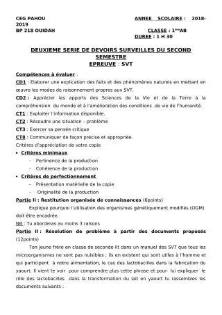 Première page de SVT 1ère A1, 1ère A2, 1ère B — 2e devoir surveillé, 2e semestre (2018-2019) · CEG PAHOU
