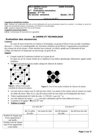Première page de PCT 2nde D — 1re évaluation sommative, 2e semestre (2021-2022) · CEG2 ABOMEY - CALAVI (CEG ZOCA)