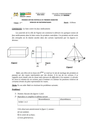 Première page de Mathématiques 6e — 1er devoir surveillé, 1er semestre (2022-2023) · CEG SEKERE