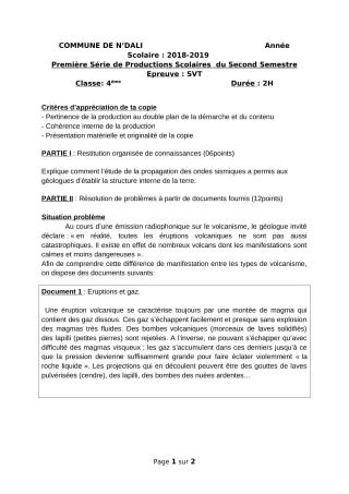 Première page de SVT 4e, 4e ML — 1re production scolaire, 2e semestre (2018-2019) · CEG 2 N'DALI