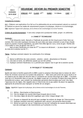 Première page de PCT 5e — 2e devoir surveillé, 1er semestre (2019-2020) · CEG 2 Djougou