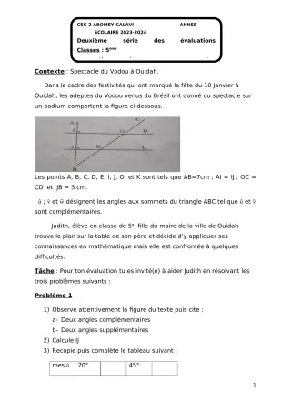 Première page de Mathématiques 5e — 2e évaluation sommative, 1er semestre (2023-2024) · CEG2 ABOMEY - CALAVI (CEG ZOCA)
