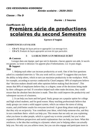Première page de Anglais Tle D — 1re production scolaire, 2e semestre (2020-2021) · CEG Kessounou- Kodonou