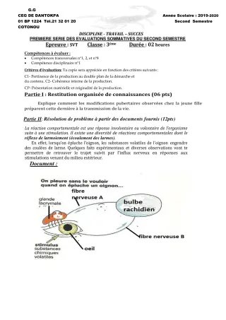 Première page de SVT 5e, 4e, 4e ML, 4e ML&MC, 3e, 3e ML — 1re évaluation sommative, 2e semestre (2019-2020) · CEG Dantokpa