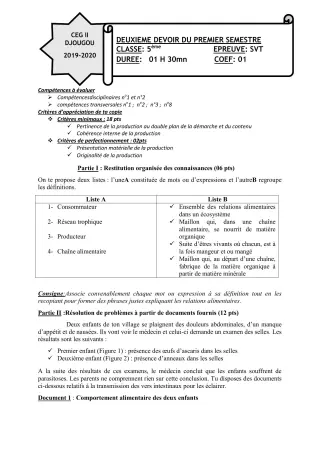 Première page de SVT 5e — 2e devoir surveillé, 1er semestre (2019-2020) · CEG 2 Djougou
