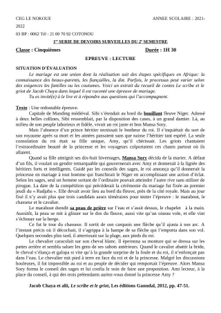 Première page de Français 5e — 1er devoir surveillé, 2e semestre (2021-2022) · CEG LE NOKOUE