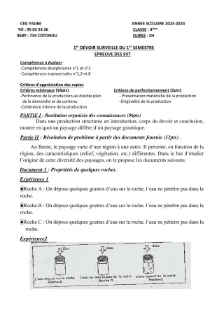 Première page de SVT 4e — 1er devoir surveillé, 1er semestre (2023-2024) · CEG Yagbe