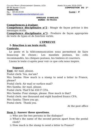 Première page de Anglais 4e, 4e ML — Composition, 1er trimestre (2019-2020) · CPEG LICA