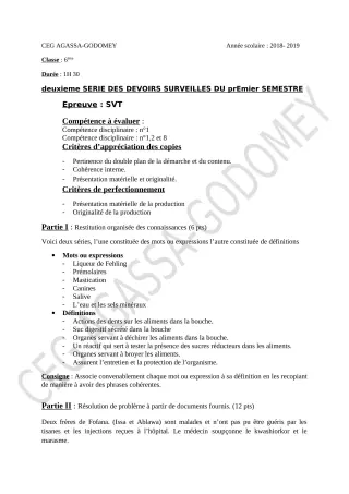 Première page de SVT 6e, 5e, 3e, 3e ML, 2nde C, 1ère A, 1ère B, 1ère C, 1ère D, Tle A2, Tle B, Tle C, Tle D — 2e devoir surveillé, 1er semestre (2018-2019) · CEG Agassa Godomey
