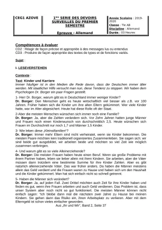 Première page de Allemand 4e ML, 3e ML, 2nde A, 2nde A2, 2nde B, 1ère A, 1ère A1, 1ère A2, 1ère B, Tle A1, Tle B — 1er devoir surveillé, 1er semestre (2019-2020) · CEG1 AZOVE