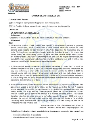 Première page de Examen Blanc de ANGLAIS — Tle B — CPEG LE PHARAON (2019)