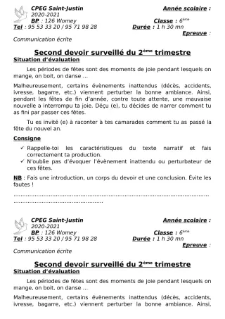 Première page de Français 6e, 5e, 4e, 4e ML, 2nde A1, 2nde A2, 2nde B, 2nde C, 2nde D, 1ère A1, 1ère A2, 1ère B, 1ère C, 1ère D — 2e devoir surveillé, 2e trimestre (2020-2021) · CPEG SAINT Justin