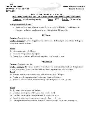 Première page de Histoire-Géographie 6e, 5e, 4e ML&MC, 3e, 3e ML, 2nde A, 2nde B, 2nde C, 2nde D, 1ère A, 1ère B, 1ère C, 1ère D, Tle A1, Tle A2, Tle B, Tle C, Tle D — 2e évaluation sommative, 2e semestre (2019-2020)