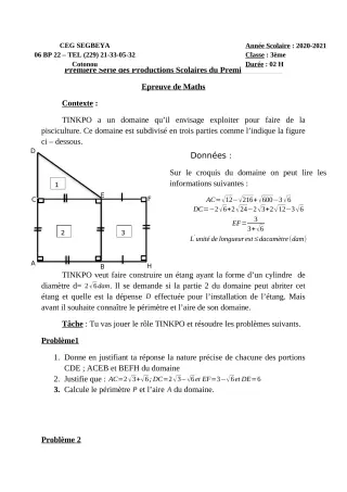 Première page de Mathématiques 3e — 1re production scolaire, 1er semestre (2020-2021) · CEG SEGBEYA