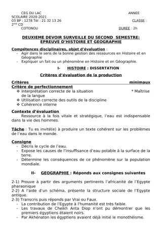 Première page de Histoire-Géographie 2nde C, 2nde D — 2e devoir surveillé, 2e semestre (2020-2021) · CEG du Lac