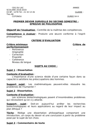 Première page de Philosophie 2nde A — 1er devoir surveillé, 2e semestre (2018-2019) · CEG du Lac