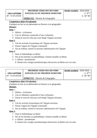 Première page de Histoire-Géographie 5e — 1er devoir surveillé, 1er semestre (2019-2020) · CEG Kaïtèmè